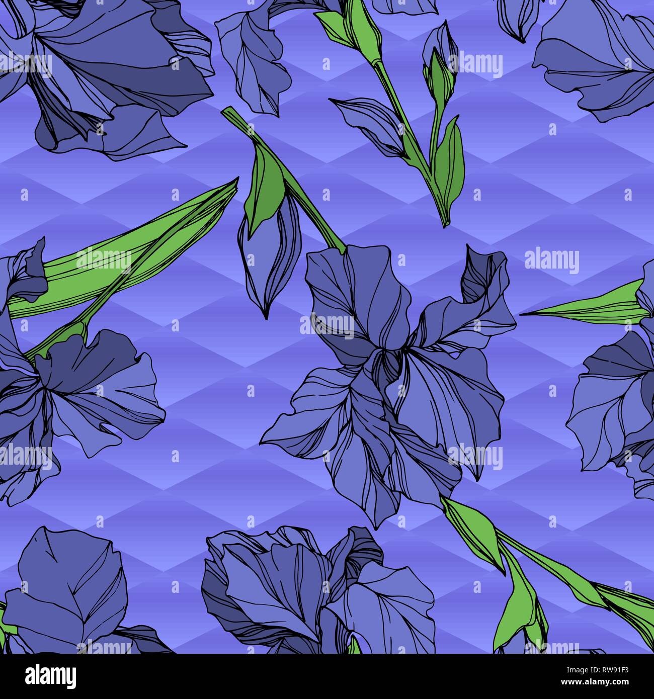 Vector Blue iris floral botanical flower. Wild spring leaf wildflower isolated. Blue and green engraved ink art. Seamless background pattern. Fabric w Stock Vector