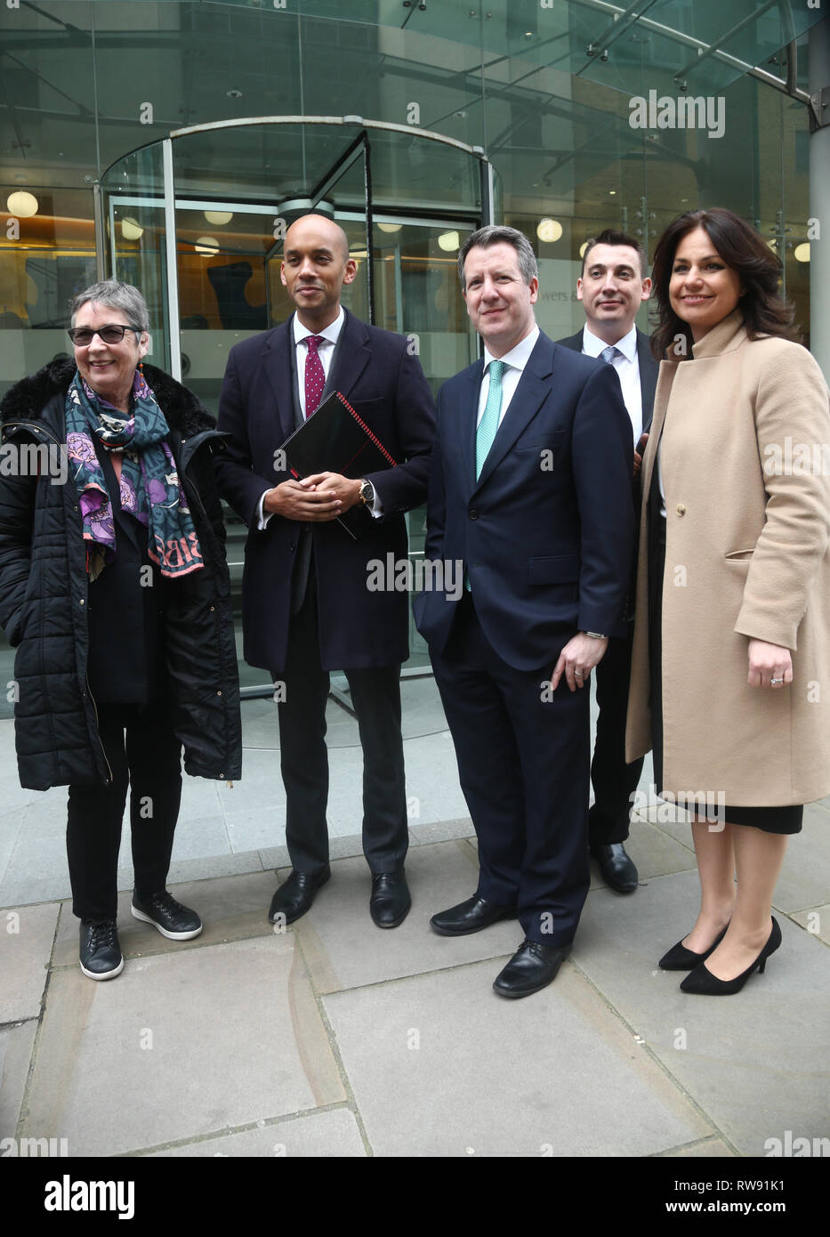 Independent Group MPs (left to right) Ann Coffey, Chuka Umunna, Chris Leslie, Gavin Shuker and Heidi Allen, speaking to the media before entering for talks at the Electoral Commission offices in central London about becoming a fully-fledged political party. Stock Photo