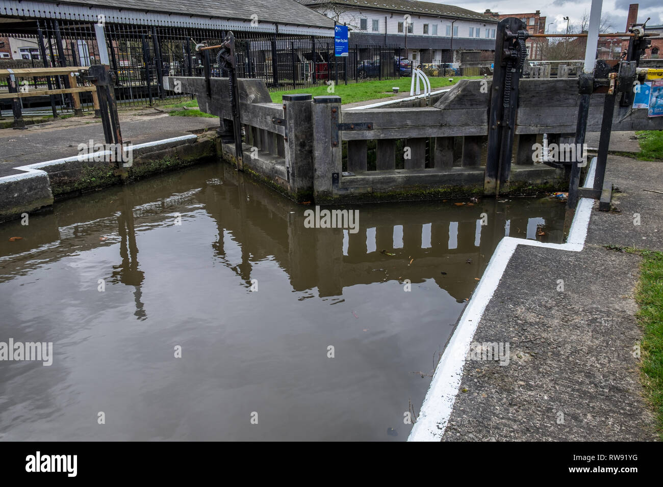 A closed lock gate on the Leeds and Liverpool canal navigation. Stock Photo