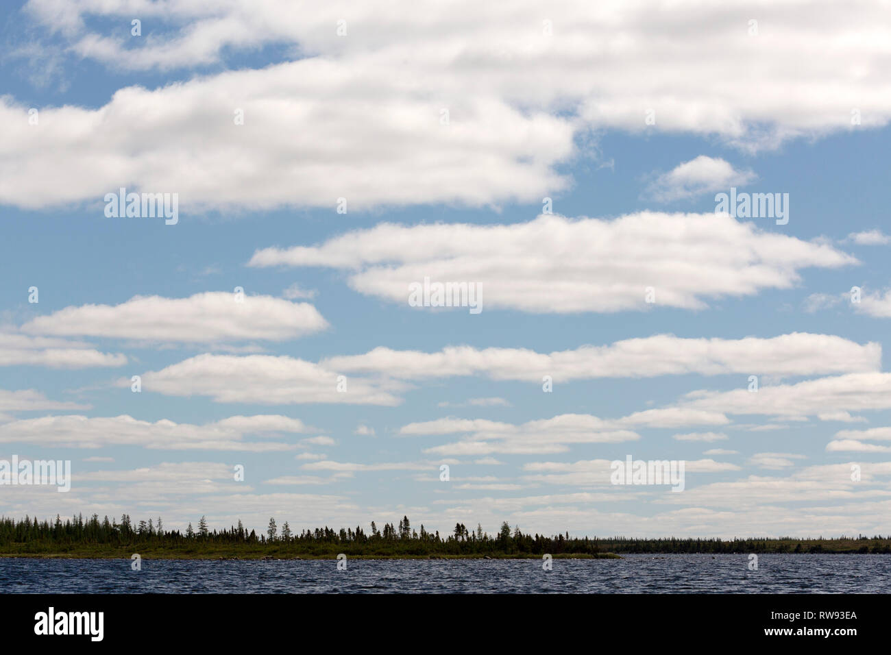 Clouds above a lake in northern Manitoba, Canada. The clouds are fluffy and white. Stock Photo
