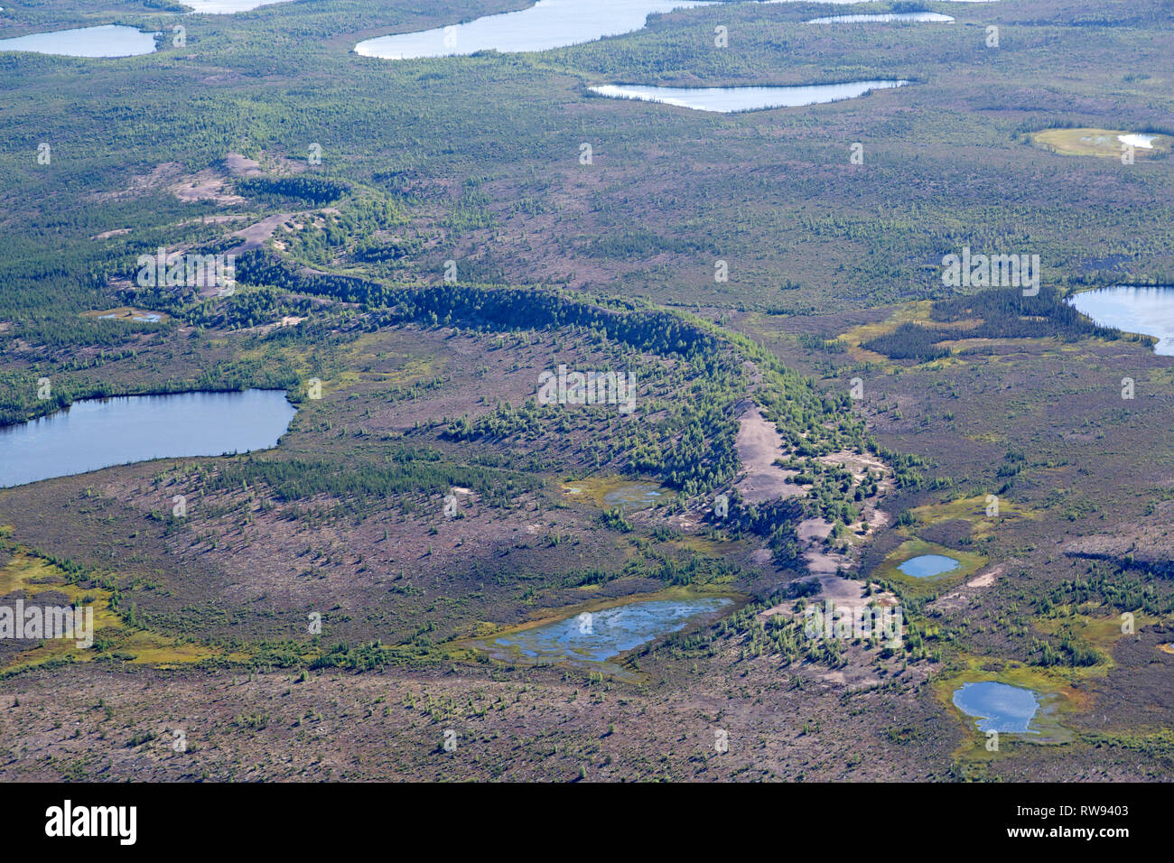 An esker in northern Manitoba, Canada. The sandy ridges were formed during the last Ice Age when rivers beneath glaciers deposited sand and grit. Stock Photo