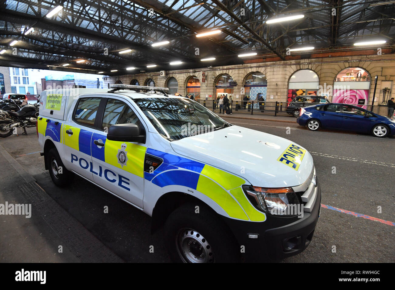 A British Transport Police vehicle at Waterloo Railway Station, London, after three small improvised explosive devices were found at buildings at Heathrow Airport, London City Airport and Waterloo in what the Metropolitan Police Counter Terrorism Command said was being treated as a 'linked series'. Stock Photo