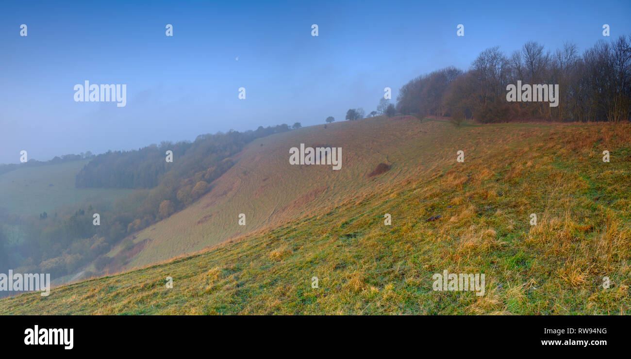 Misty morning over the Meon Valley from Beacon Hill near Exton, Hampshire, UK Stock Photo