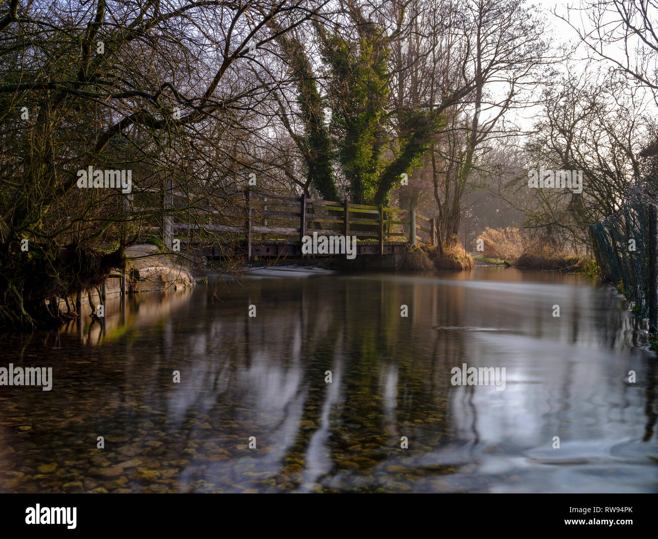 Misty morning light on the River Meon near Exton, South Downs National Park, Hampshire, UK Stock Photo