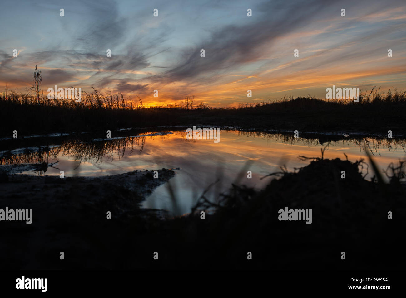 The sinking sun lights up the sky with color in this rural scene in