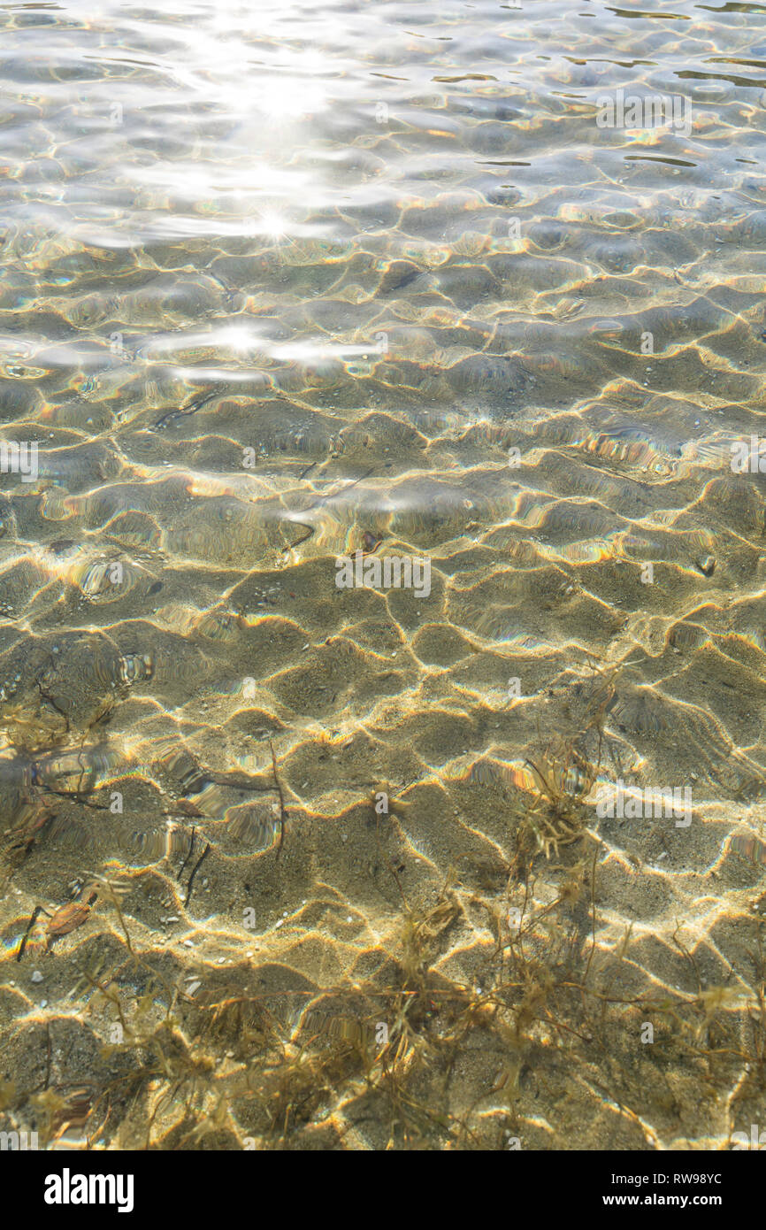 Sun glitters on the crystal clear water of a lake. Stock Photo