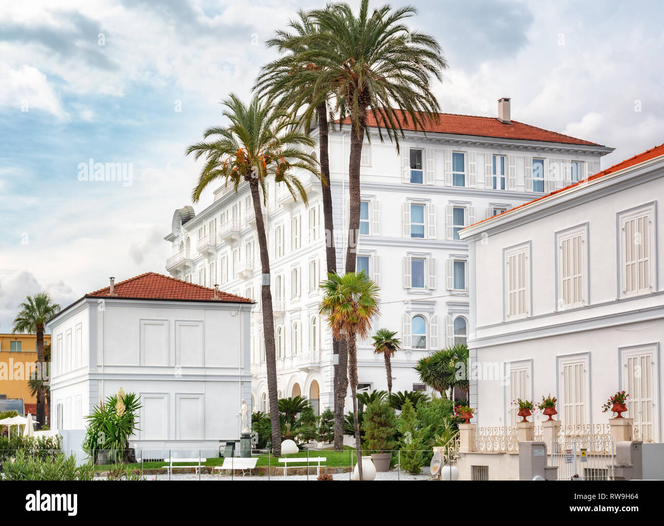 San Remo, Italy, September 18, 2018:  The beautiful white Miramare The Palace hotel in San Remo Stock Photo