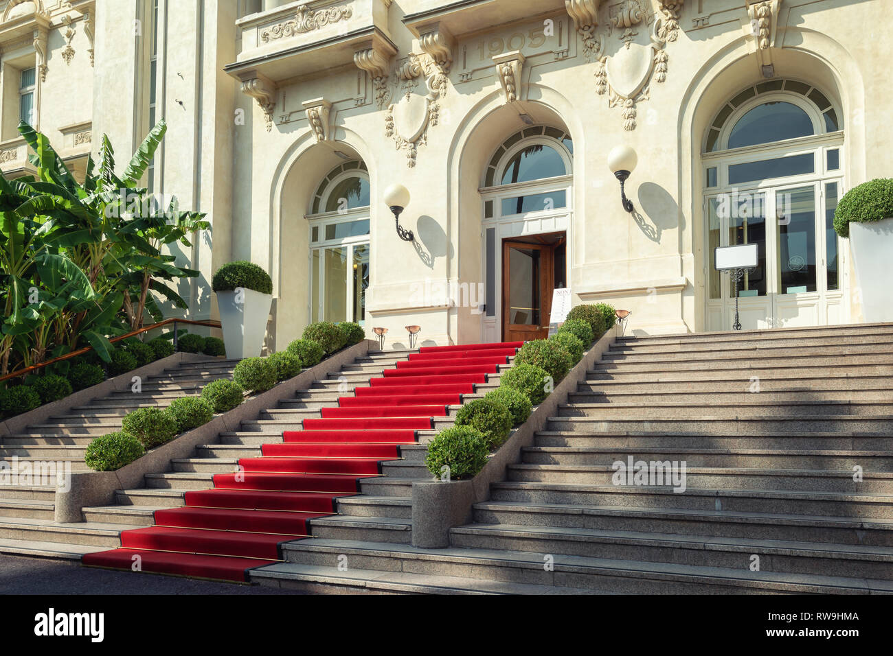 San Remo, Italy, September 18, 2018:  The red carpet in front of the entrance of the famous Casino in San Remo Stock Photo
