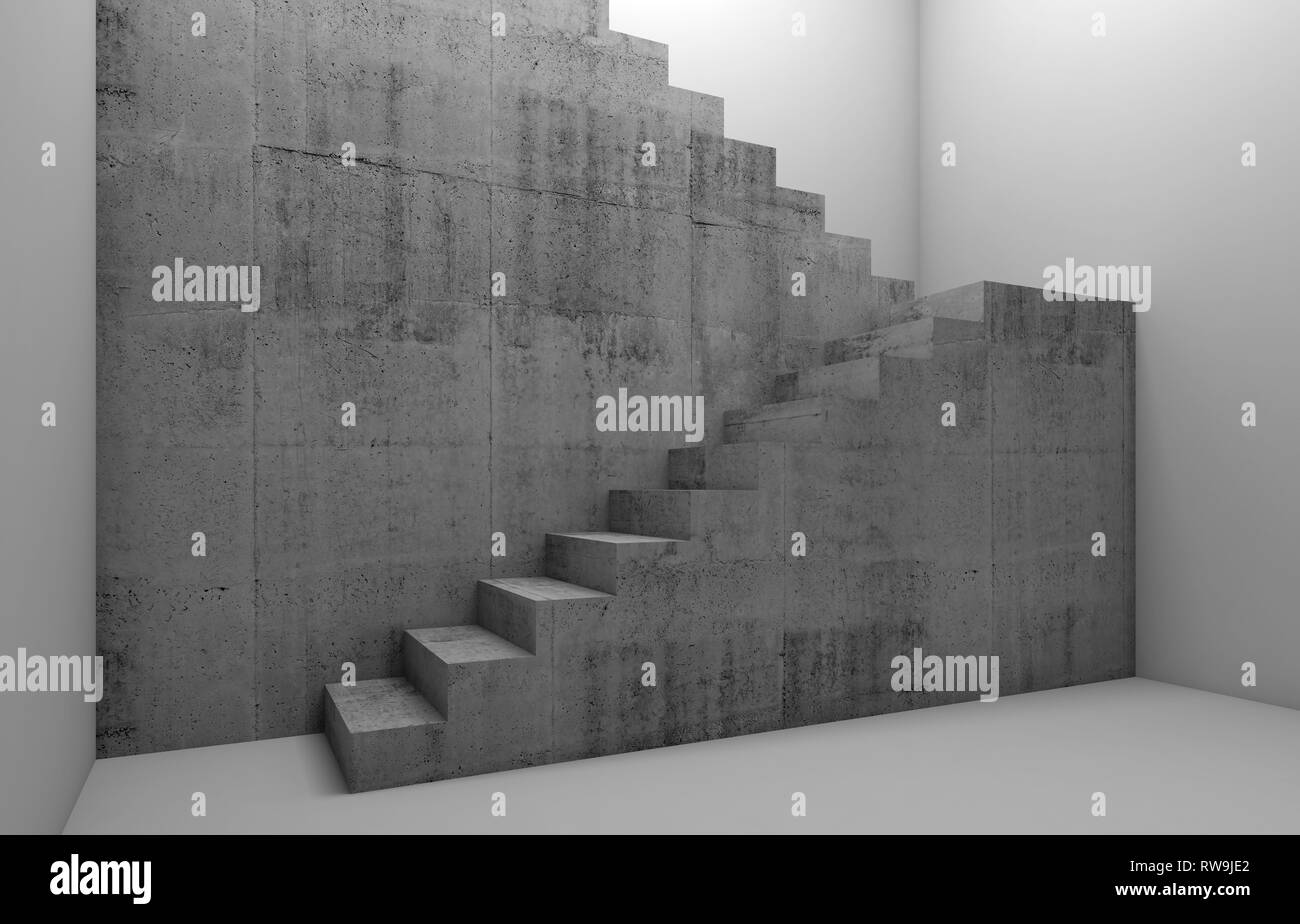 Concrete stairway construction in empty room, abstract architectural background, 3d render illustration Stock Photo