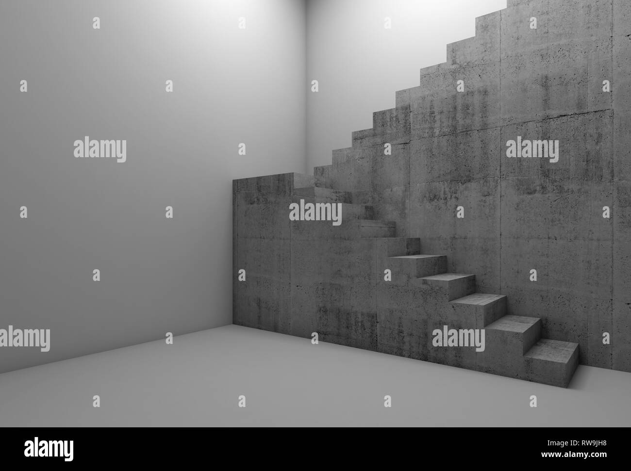 Concrete stairway in white empty room, abstract architectural background, 3d render illustration Stock Photo