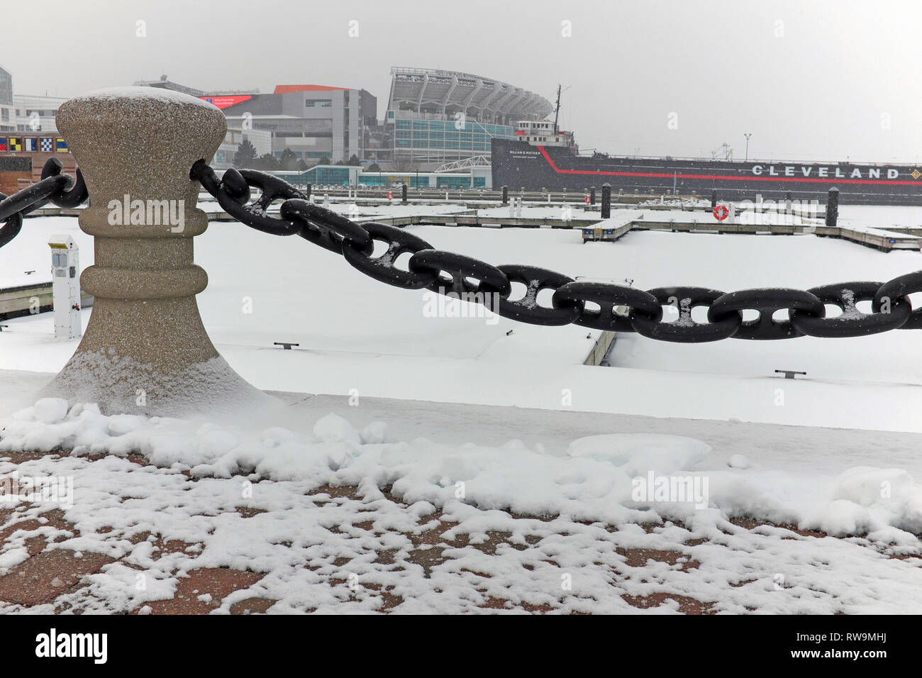 Winter in Cleveland, Ohio is notorious for its cold weather and snow which is especially prominent in the Northcoast Harbour District on Lake Erie. Stock Photo