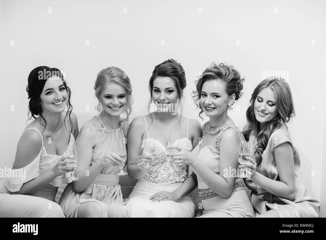 bride with bridesmaids Stock Photo