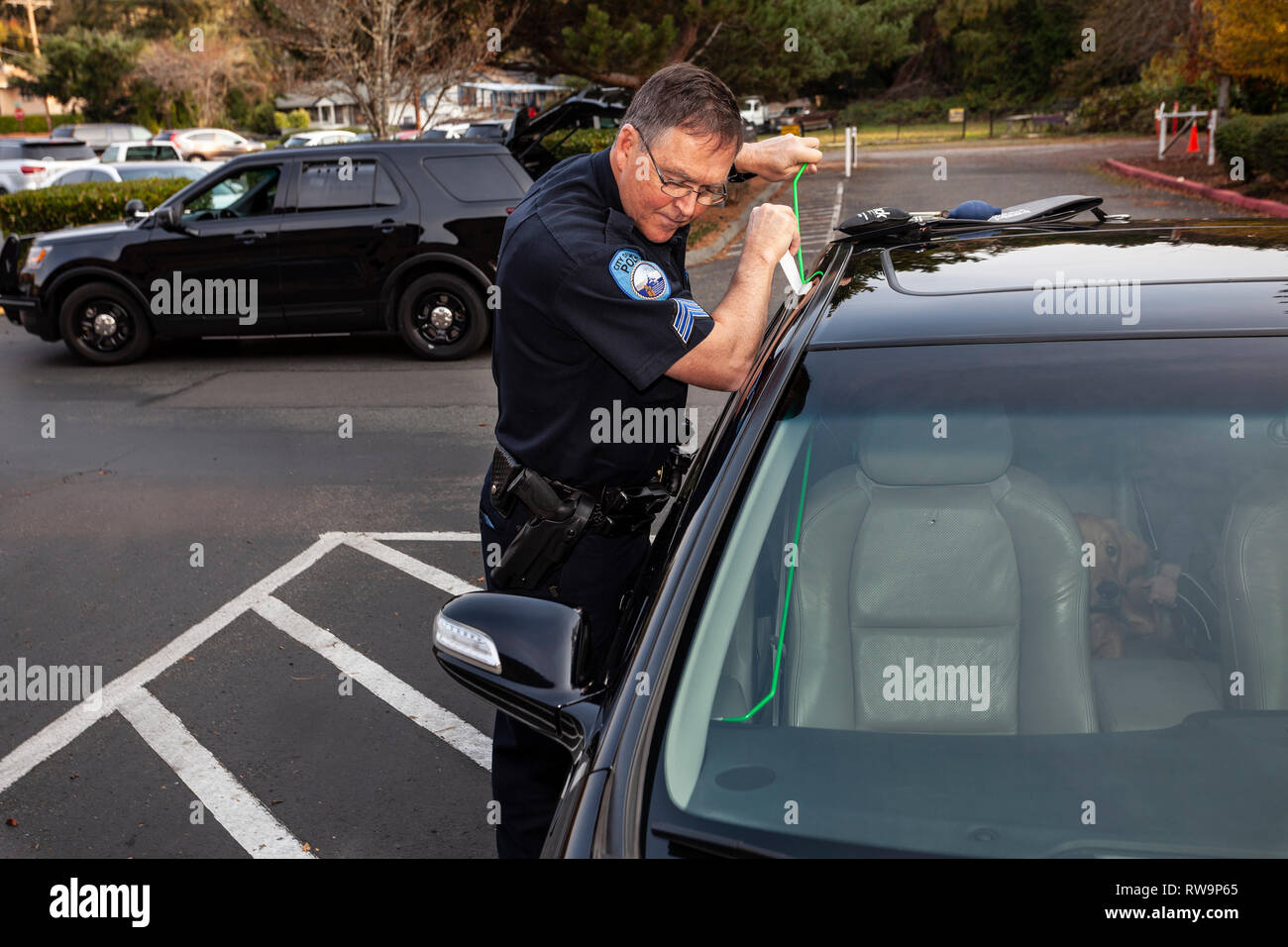 PE00374-00...WASHINGTON - Sergeant Robert Barker of the Edmonds Police Department helps to open a locked car with the keys inside. Stock Photo