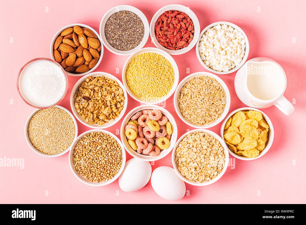 Ingredients for healthy breakfast cereals, grains, dairy products
