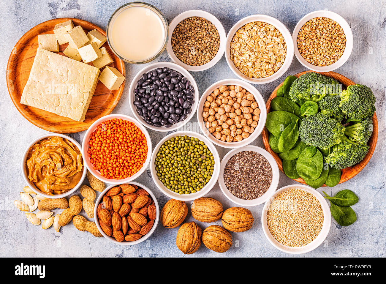 Healthy diet vegan food, veggie protein sources. Top view. Stock Photo