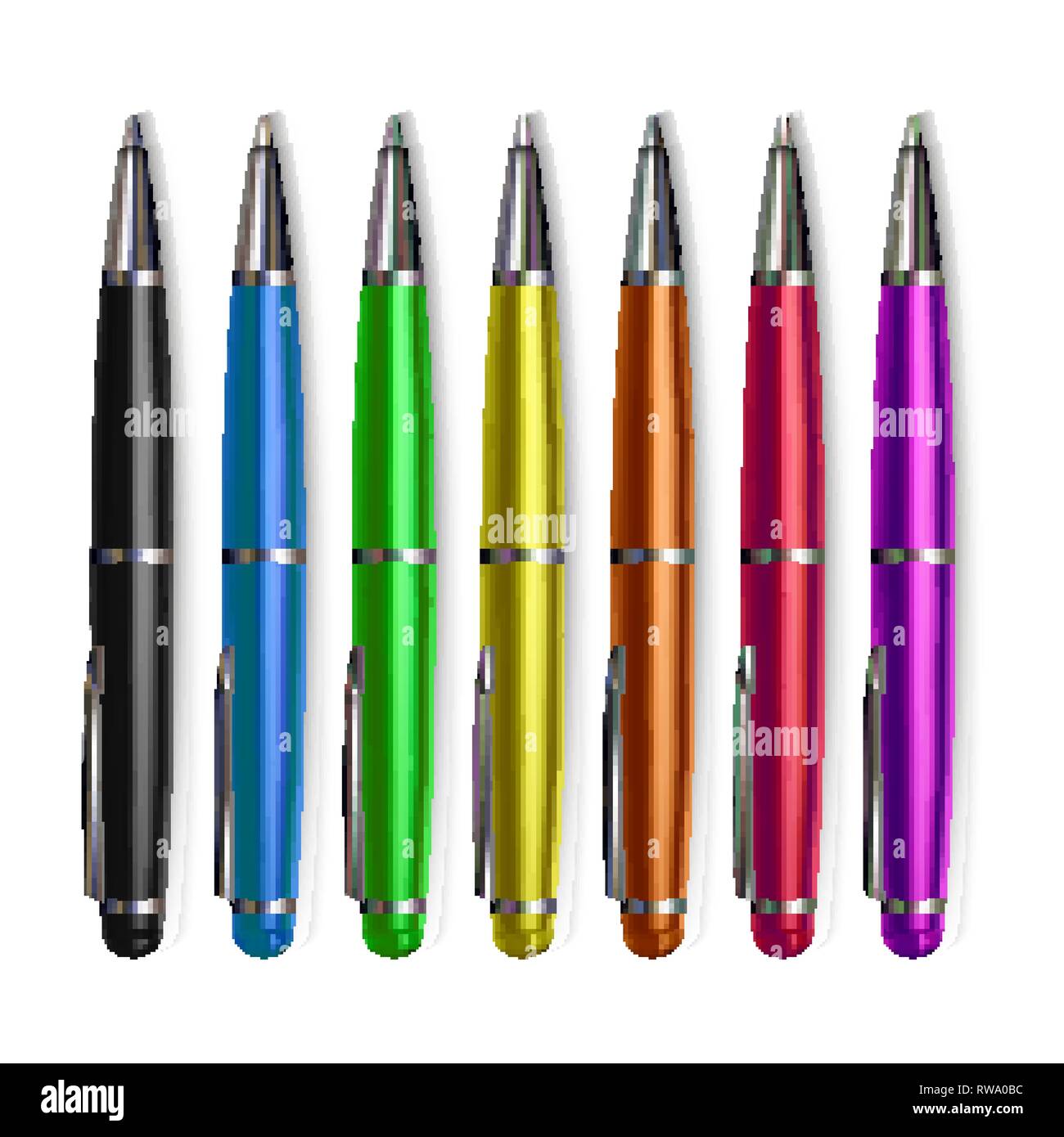 Pen Set Stationery Vector. Metal Tools Accessory. Writing, Drawing