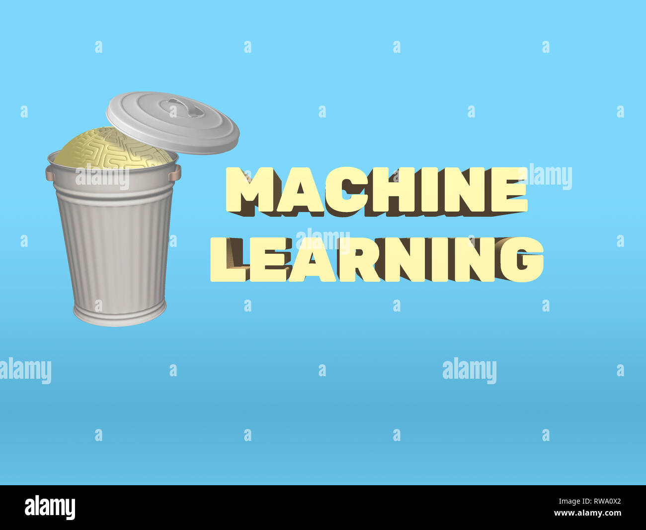 3D render illustration of trash can containing human brain, replaced by Machine Learning. AI concept of inevitable replacement of human mind. Stock Photo