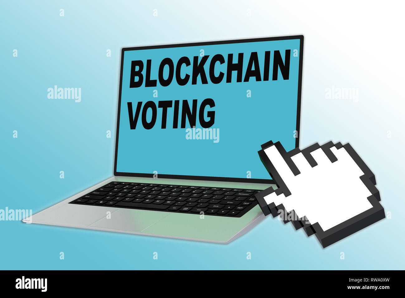 3D illustration of BLOCKCHAIN VOTING script with pointing hand icon ...
