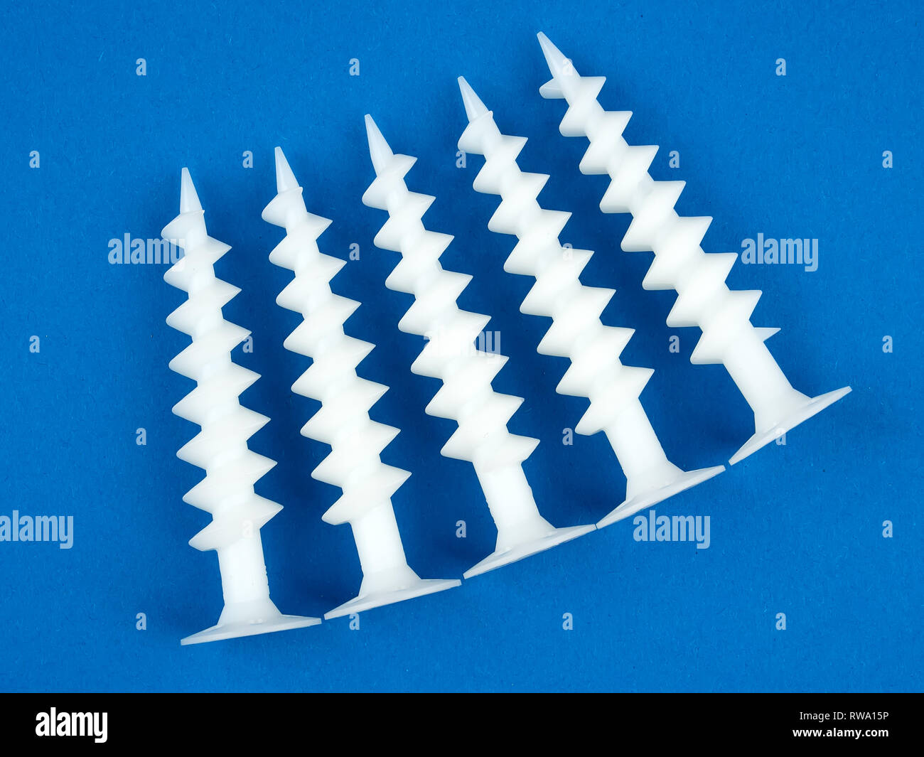 Special dowels for fixing light objects in styrofoam insulation, on blue background Stock Photo