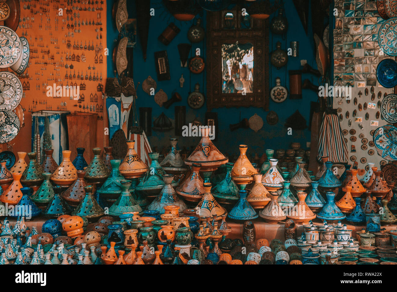 Traditional souvenir shop with craft objects displayed in blue city Chefchaouen, Morocco. Stock Photo