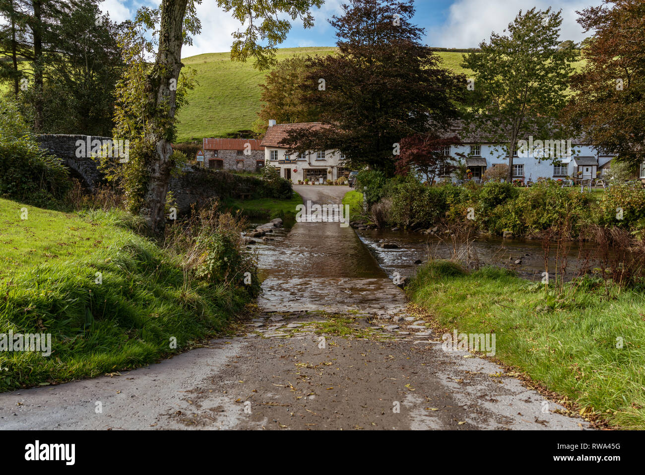 Malmsmead, Devon, England, UK - October 03, 2018: The ford crossing Badgworthy Water Stock Photo