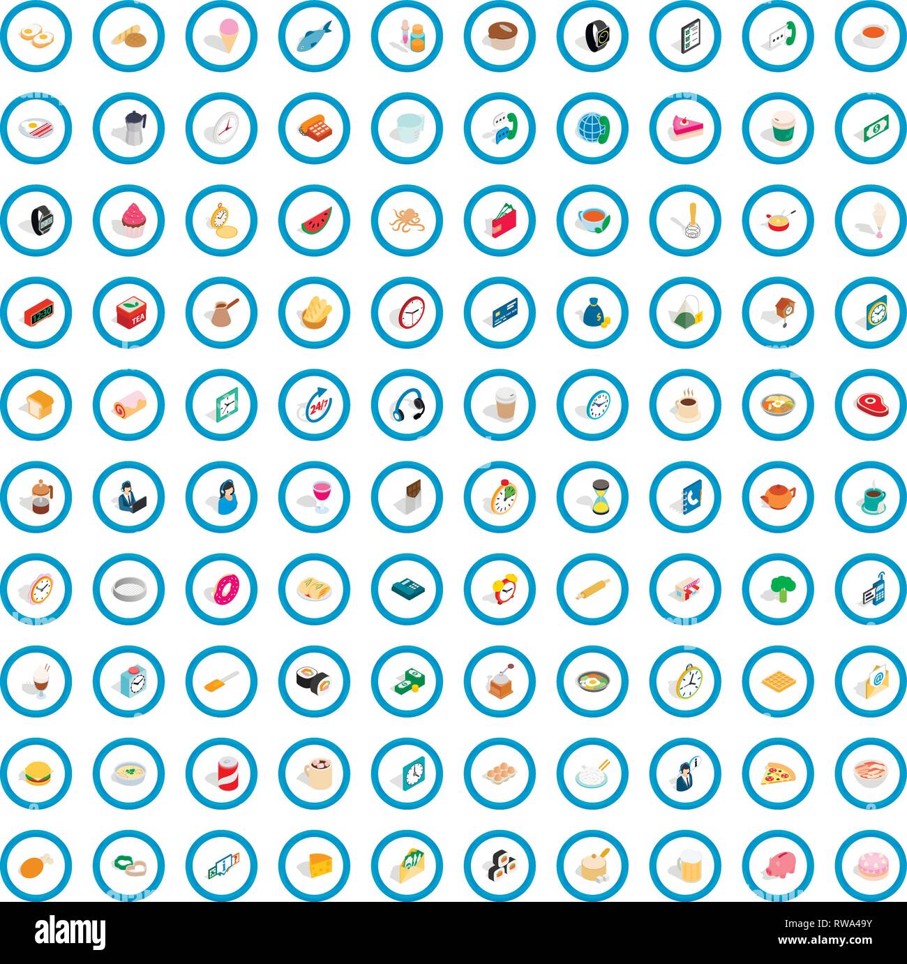 100 cooking icons set, isometric 3d style Stock Vector