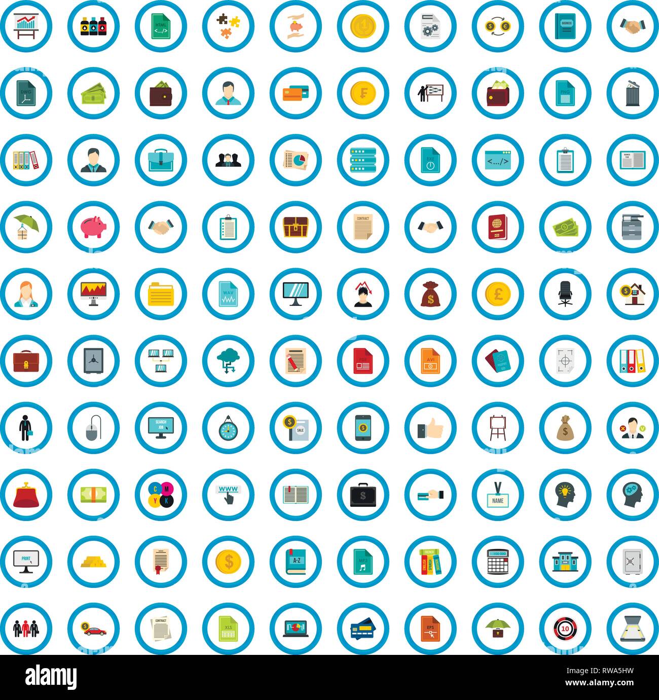 100 corporation document icons set, flat style Stock Vector