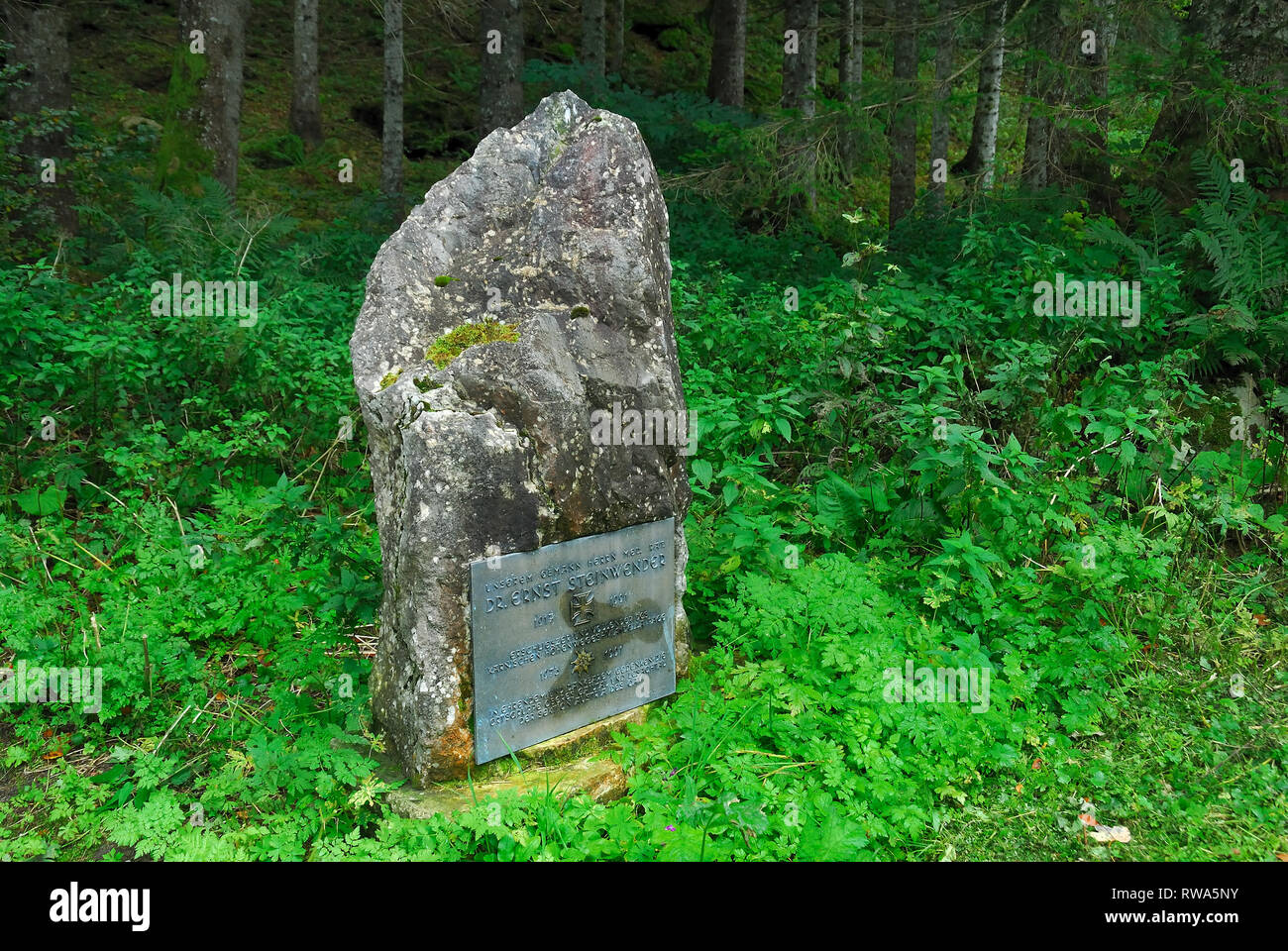 Austria, Plockenpass, Mauthen village. Plate in memory of the mountain rescue doctor Ernst Steinwender who since 1970 contributed to the restoration of the Alpine paths of the Carnic Alps. Sentiero della Pace (English : Path of Peace) Stock Photo