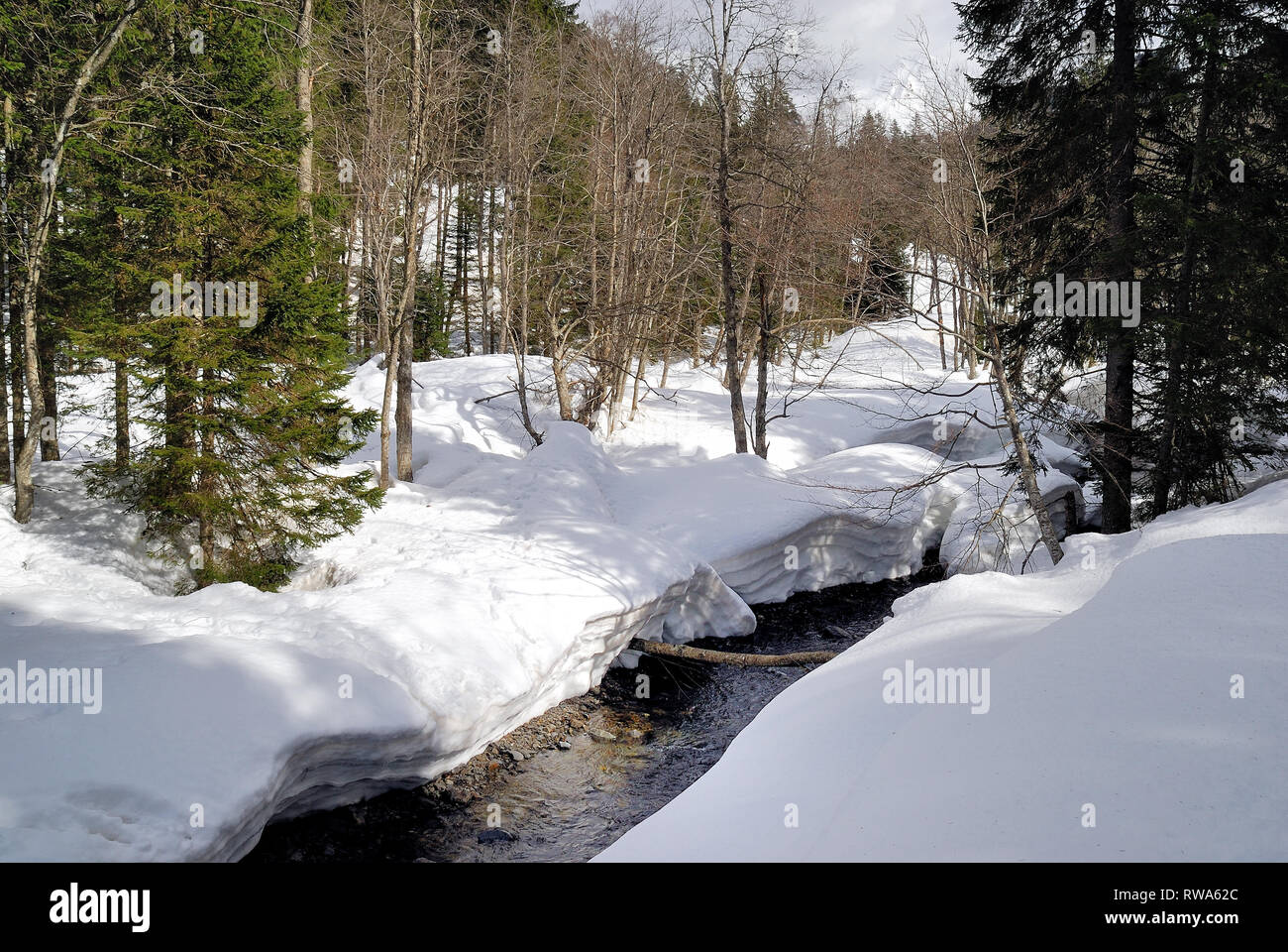 Plockenpass, Austria. The valley of the Anger stream in winter. During the WWI in the valley there are the Austrian area behind the front and many little war cemeteries.The cemeteries are still visible. Stock Photo