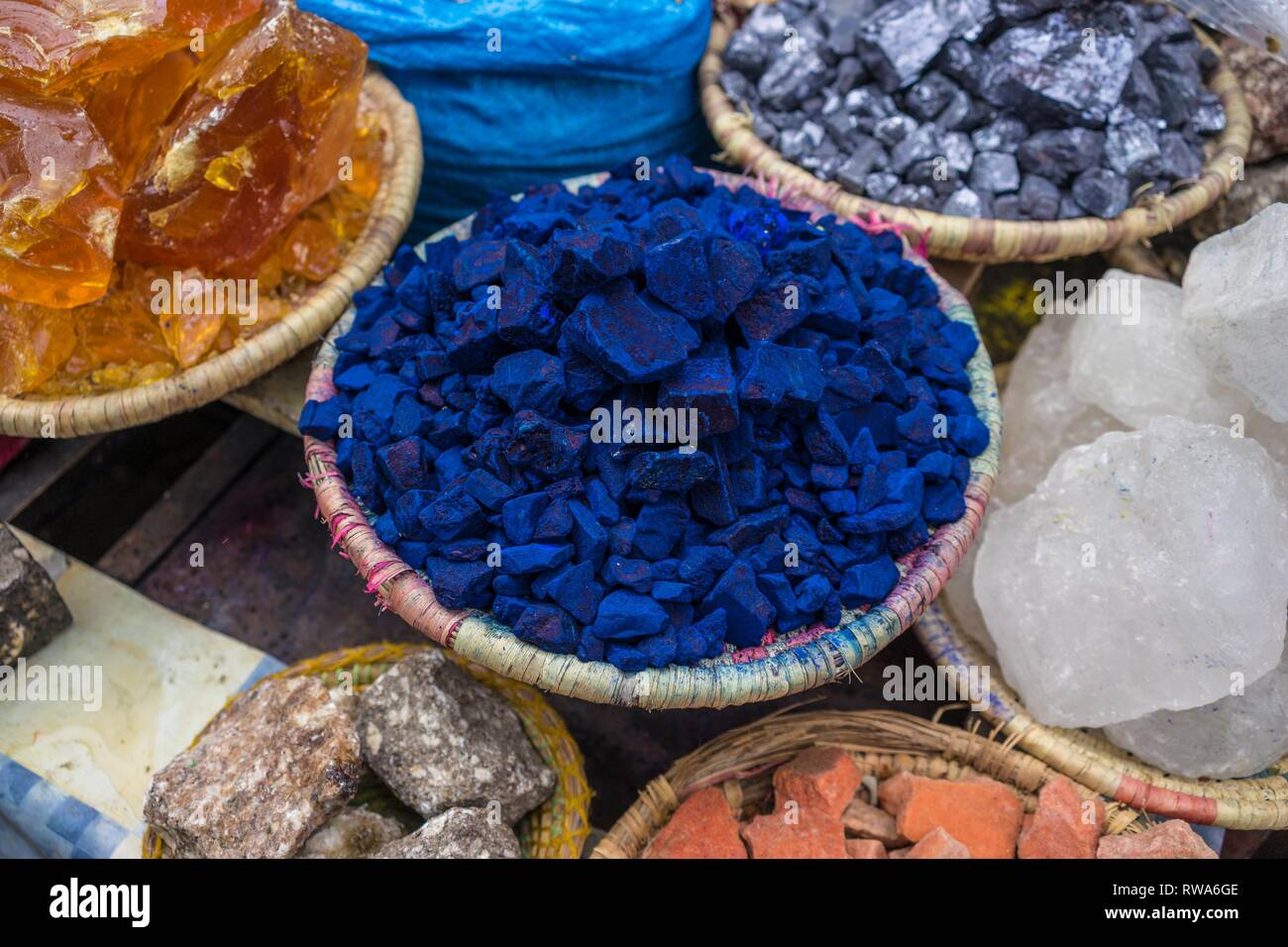 Indigo, color pigment, at the bazaar, Marrakech, Morocco Stock Photo