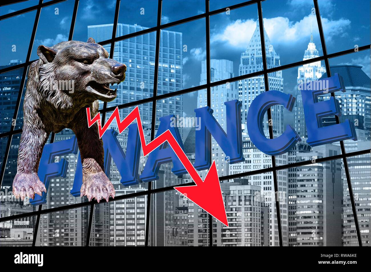 Symbol photo, falling stock prices on the stock exchange, red arrow down, bear as a sign, financial world, Germany Stock Photo