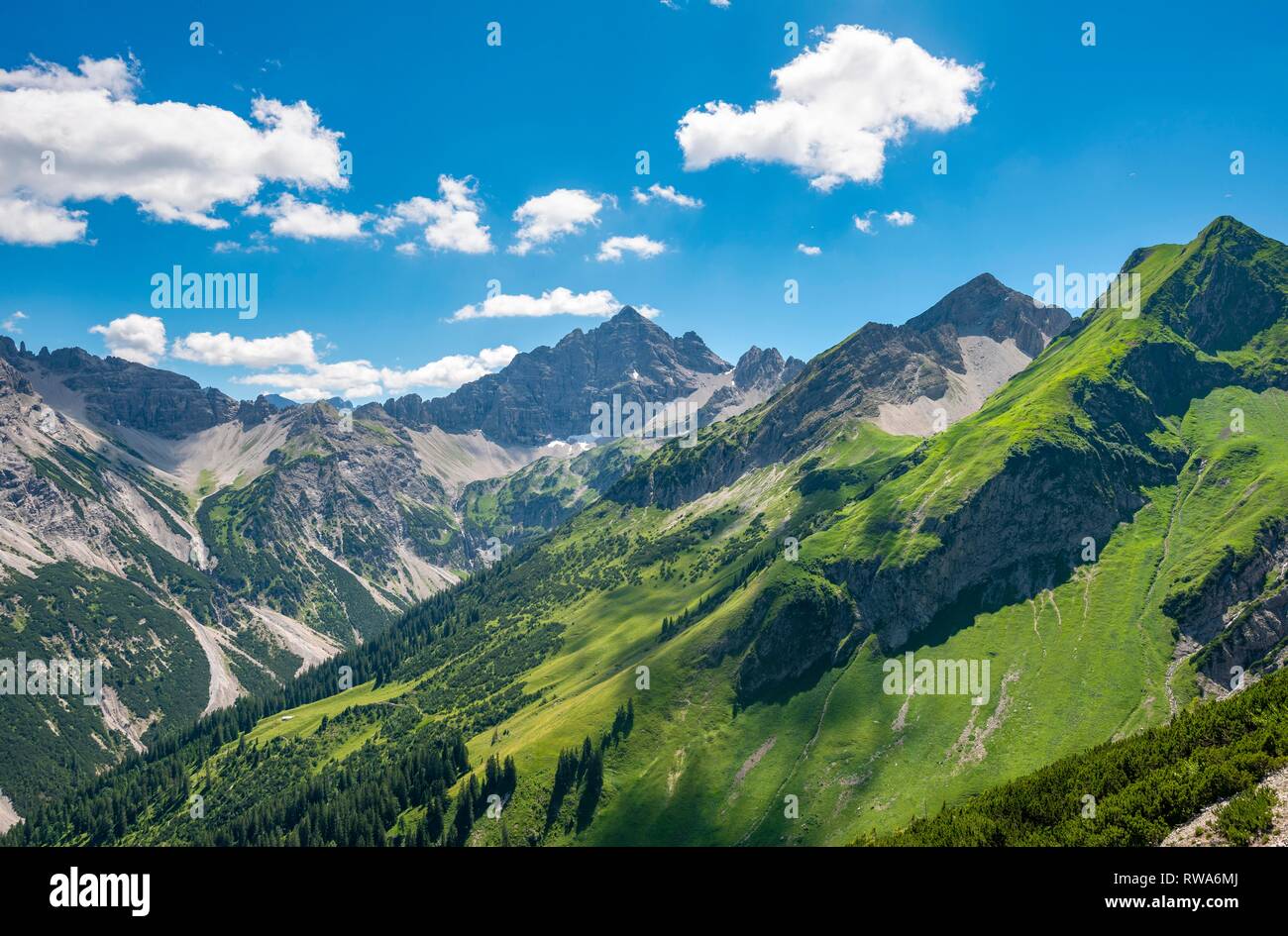 Mountain landscape, view of the Hochvogel summit from the Jubiläumsweg, Via Alpina, Allgäuer Hochalpen, Allgäu, Bavaria Stock Photo