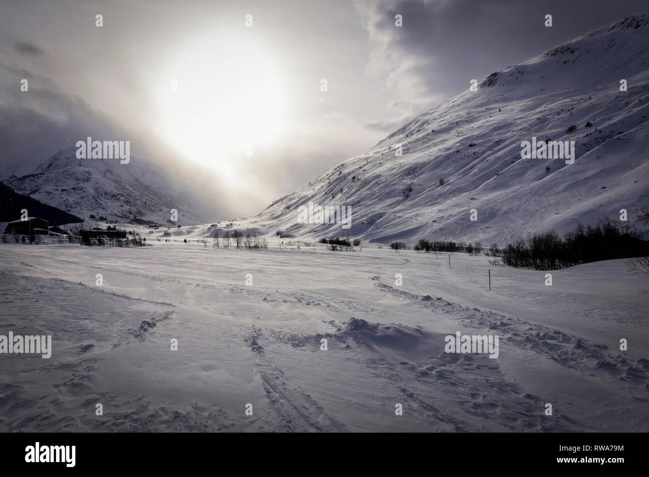 Snowy mountain landscape in winter, Andermatt, Switzerland Stock Photo