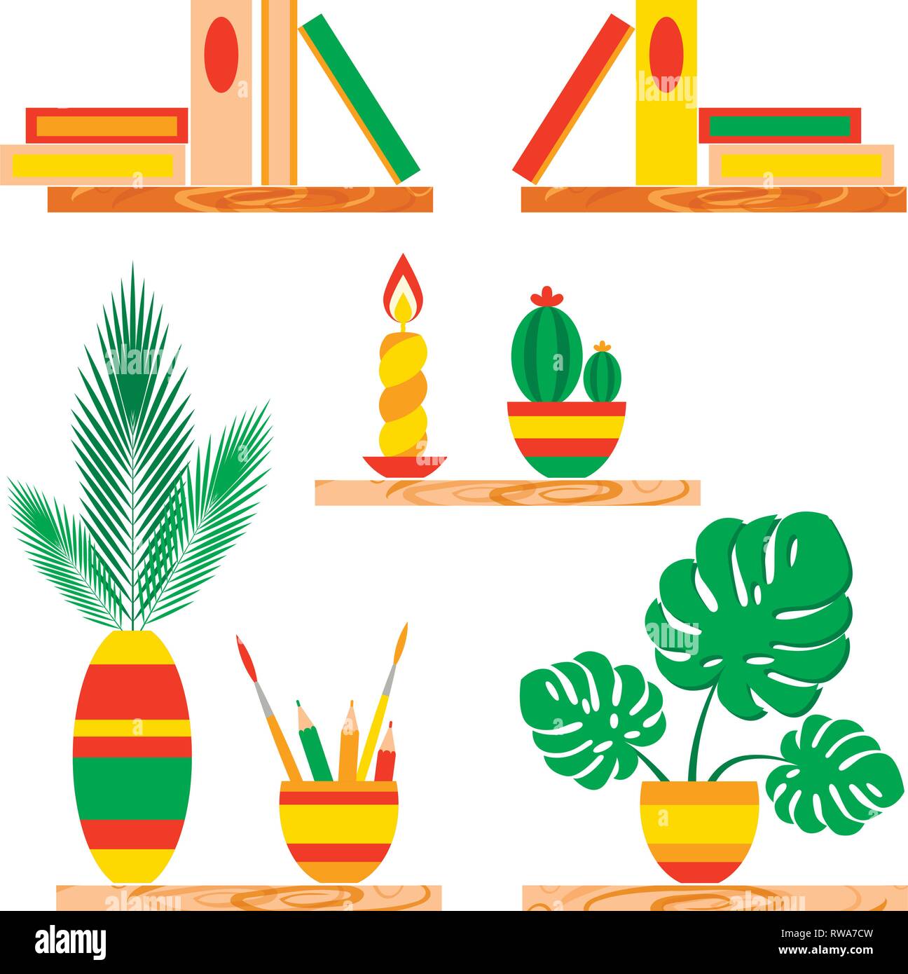 Wooden shelves with books, candle, potted plants, vase, pencils and tassels. Vector illustration