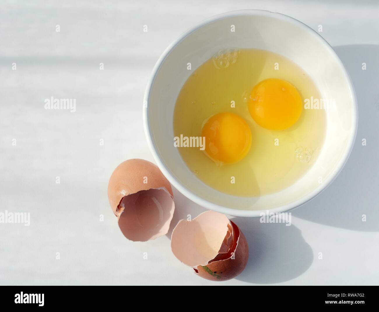 Two whipped eggs and eggshell, egg yolk with egg white in small bowl, Germany Stock Photo
