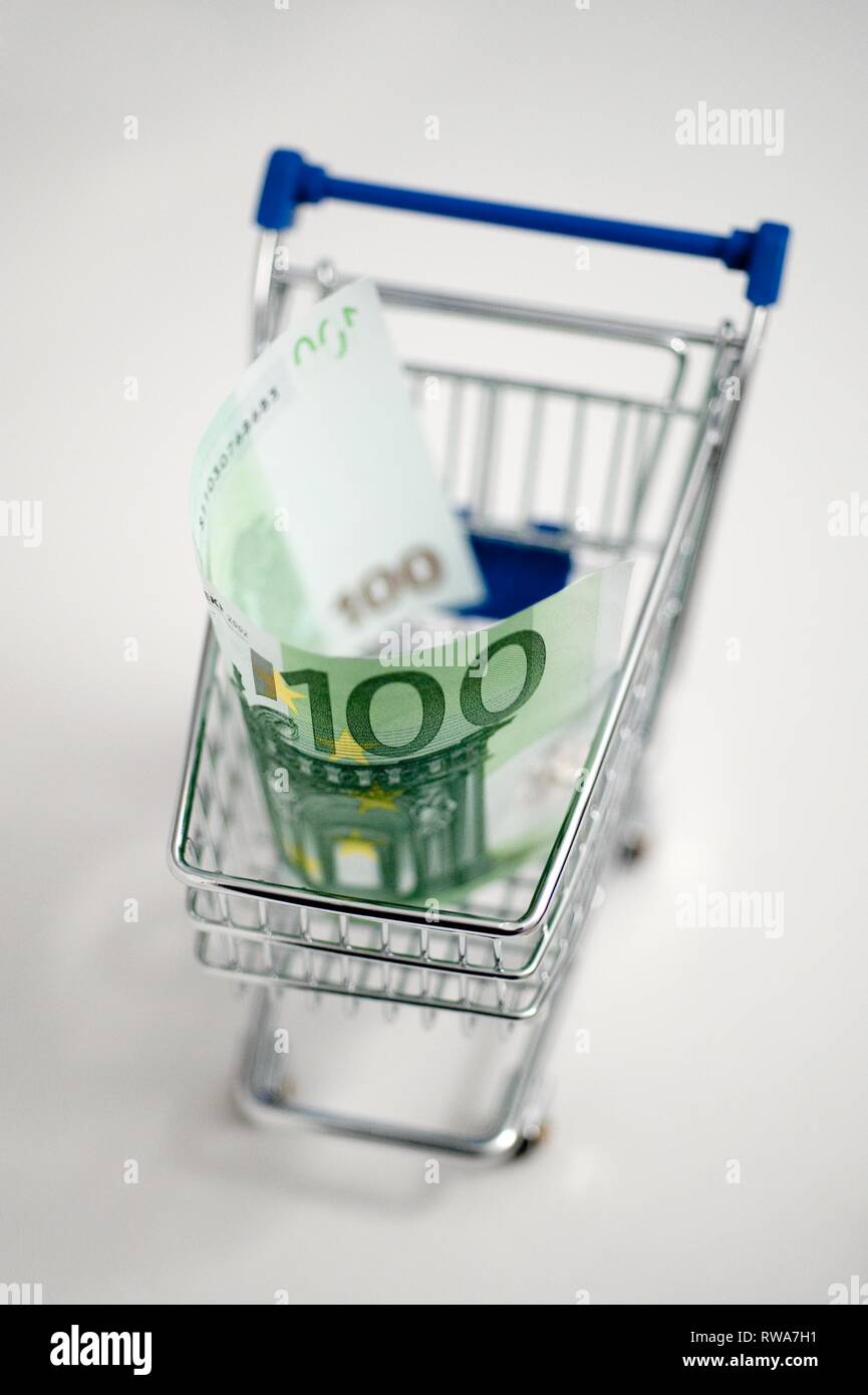 Shopping cart with 100 euro bill, Konsum, Germany Stock Photo