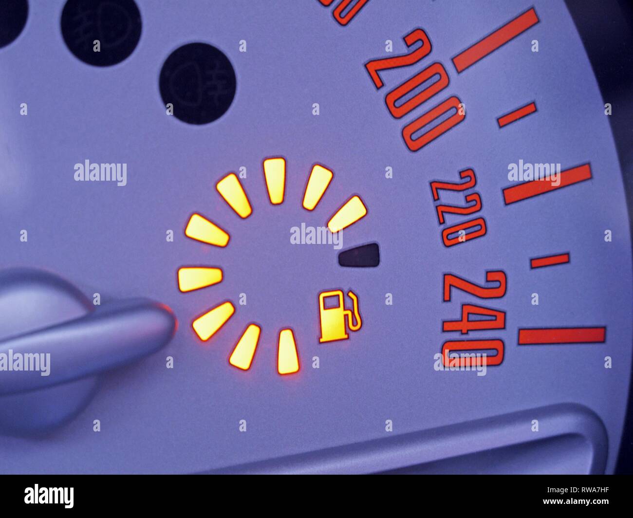 Fuel gauge in speedometer, fuel gauge, speed limit, Germany Stock Photo