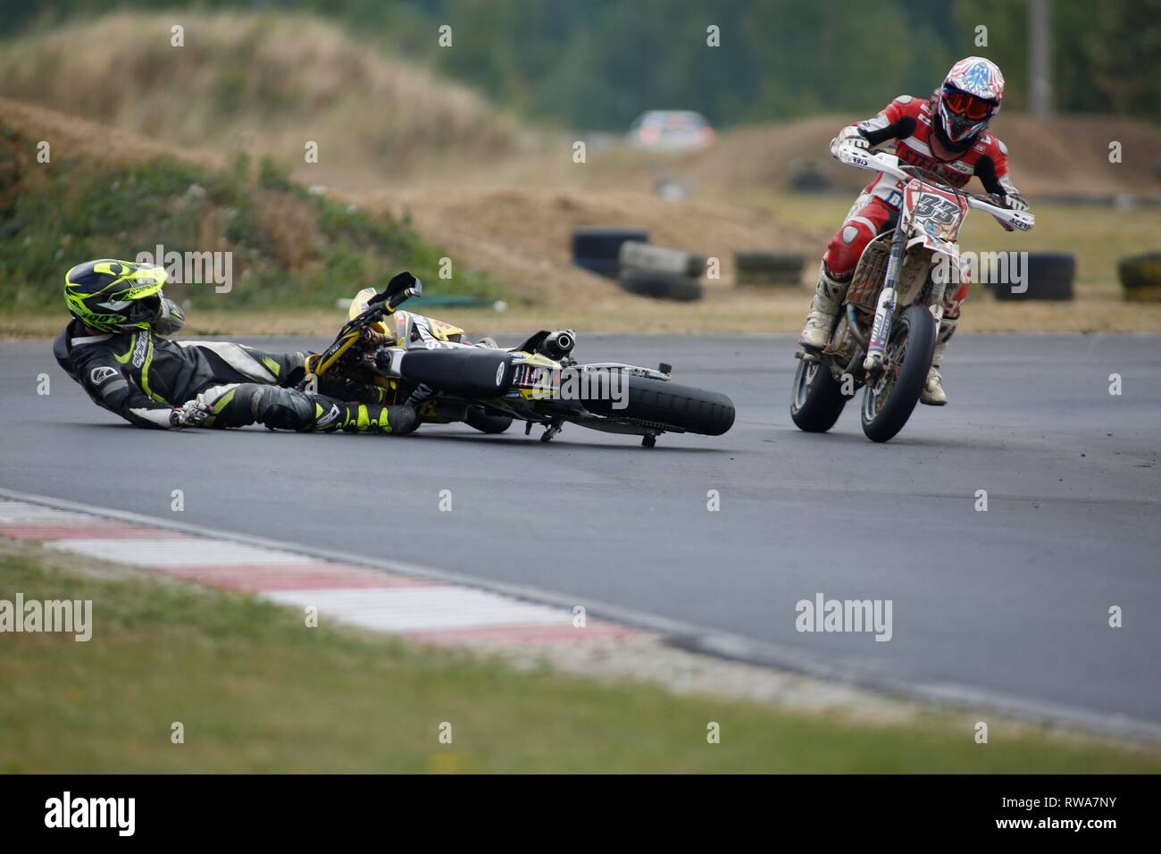 Motorcycle crash during motorcycle races, Czech Republic Stock Photo