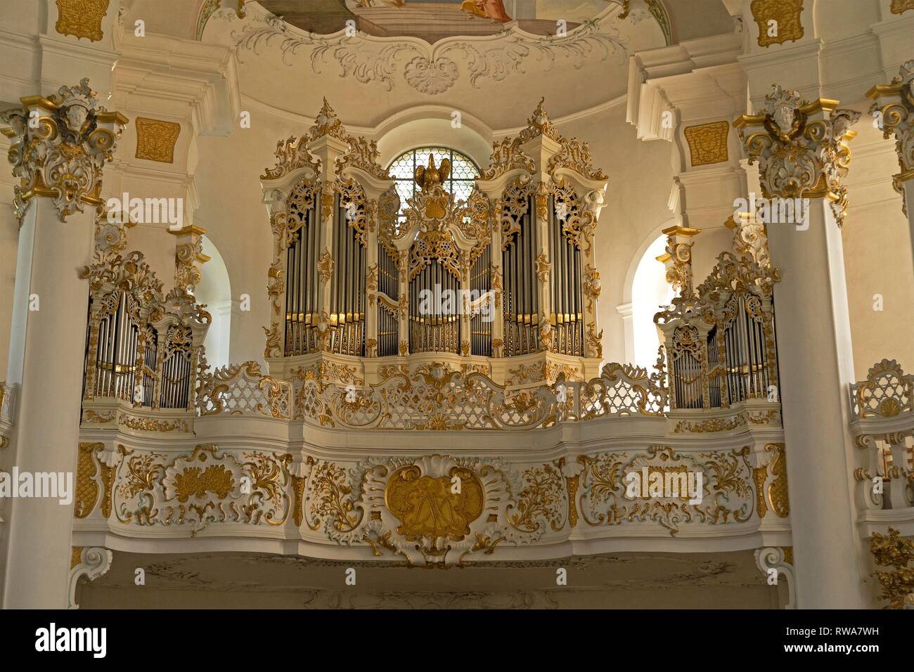 Organ gallery, organ brochure, Wieskirche near Steingaden, Allgäu, Bavaria, Germany Stock Photo