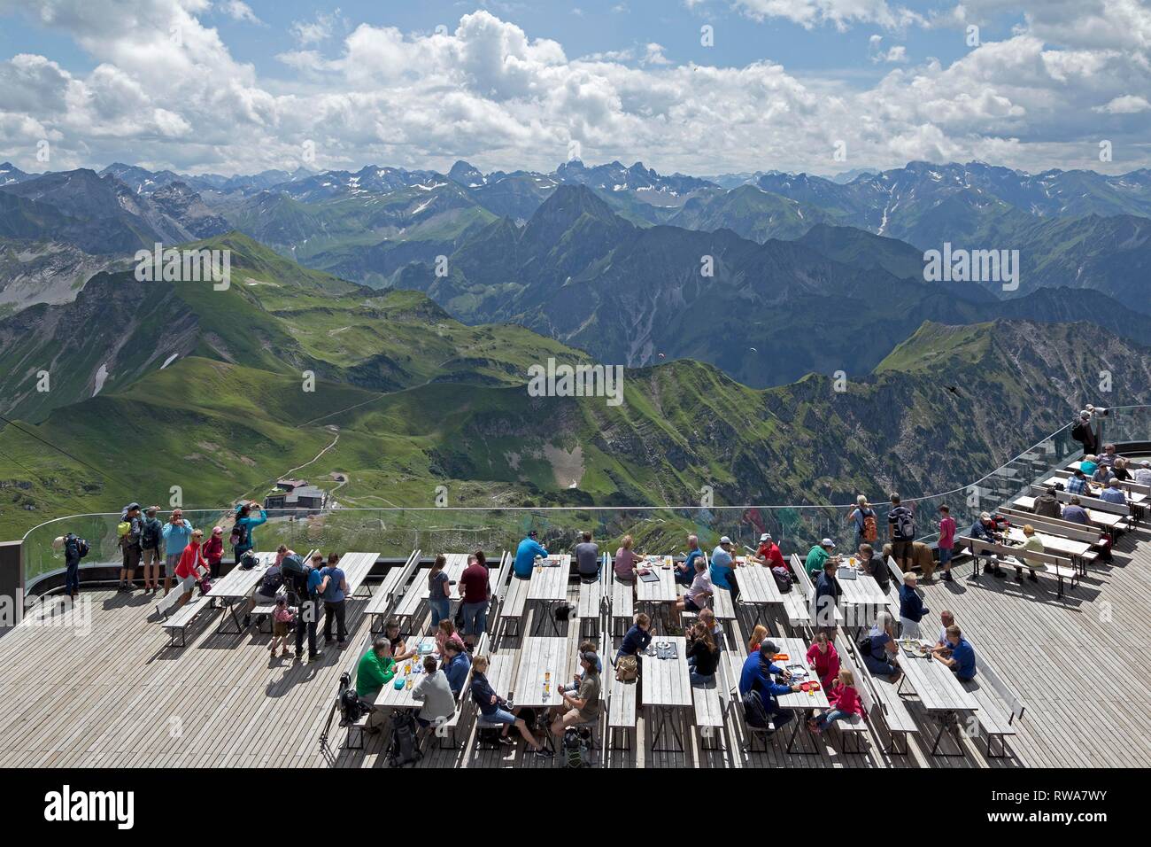 Restaurant with a view of the Allgäu Alps, summit station of the Nebelhornbahn, Nebelhorn, Oberstdorf, Allgäu, Bavaria Stock Photo