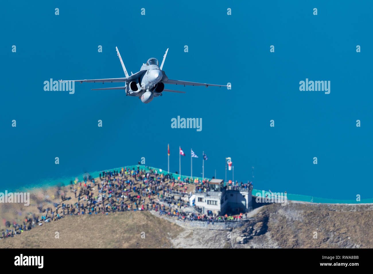The Axalp firepower demonstration of the Swiss Air Force is the most impressive display of firepower in Alpine terrain and visited by thousands of spe Stock Photo