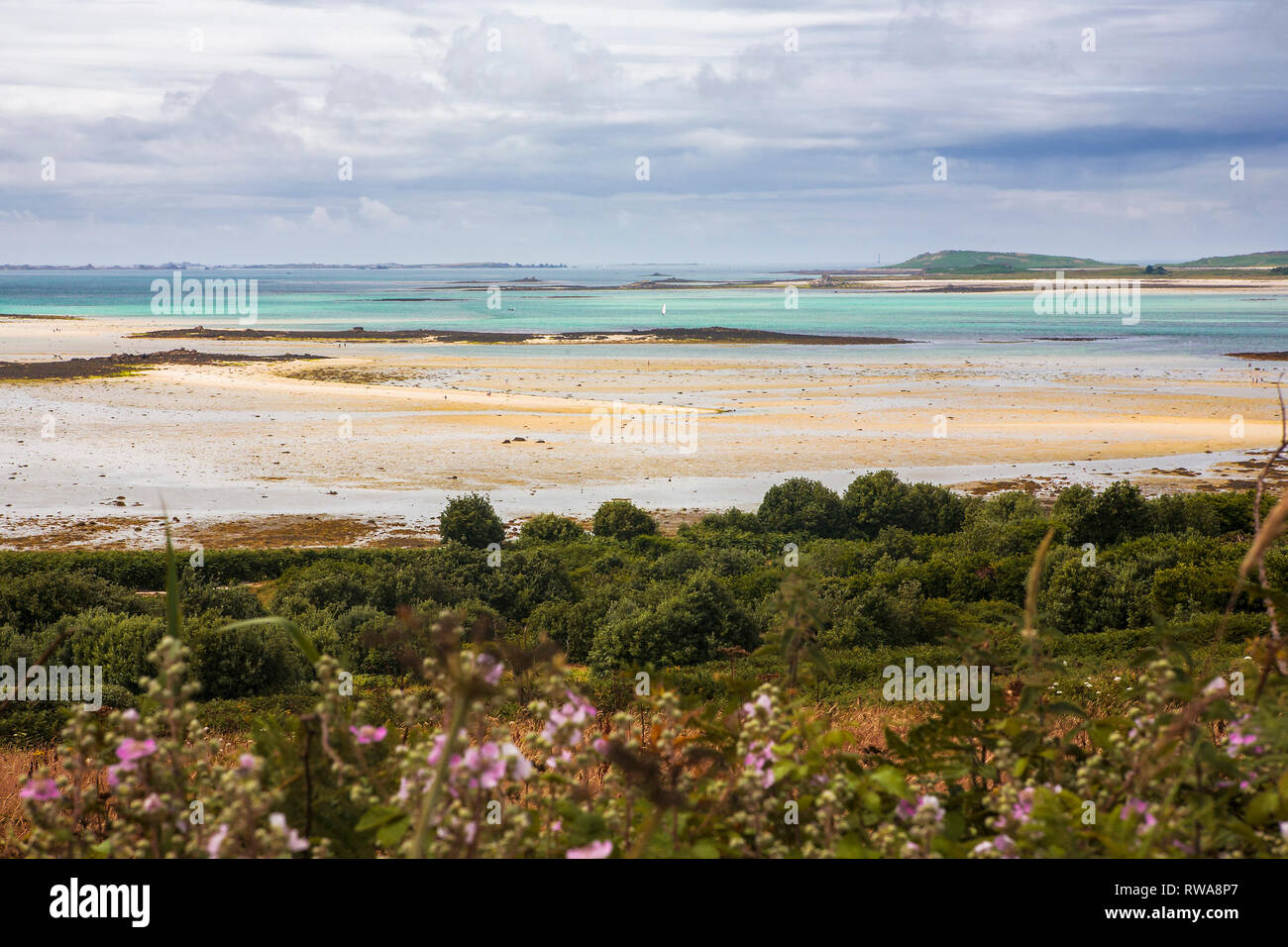 St. Martin's Flats and St. Lawrence's Bay at low tide, from St. Martins, Isles of Scilly, UK Stock Photo