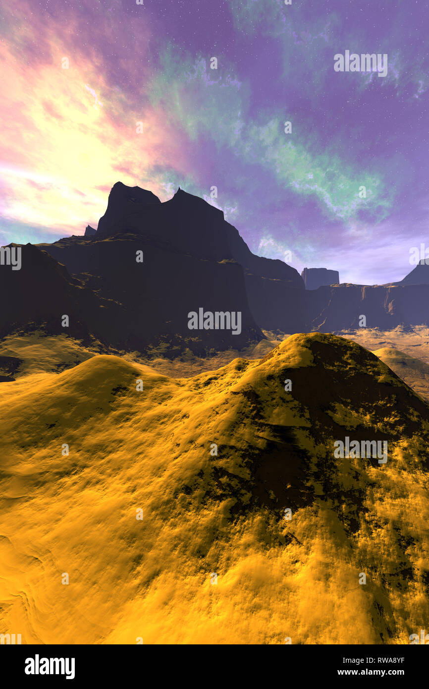 Fantasy alien planet. Mountain. 3D illustration Stock Photo
