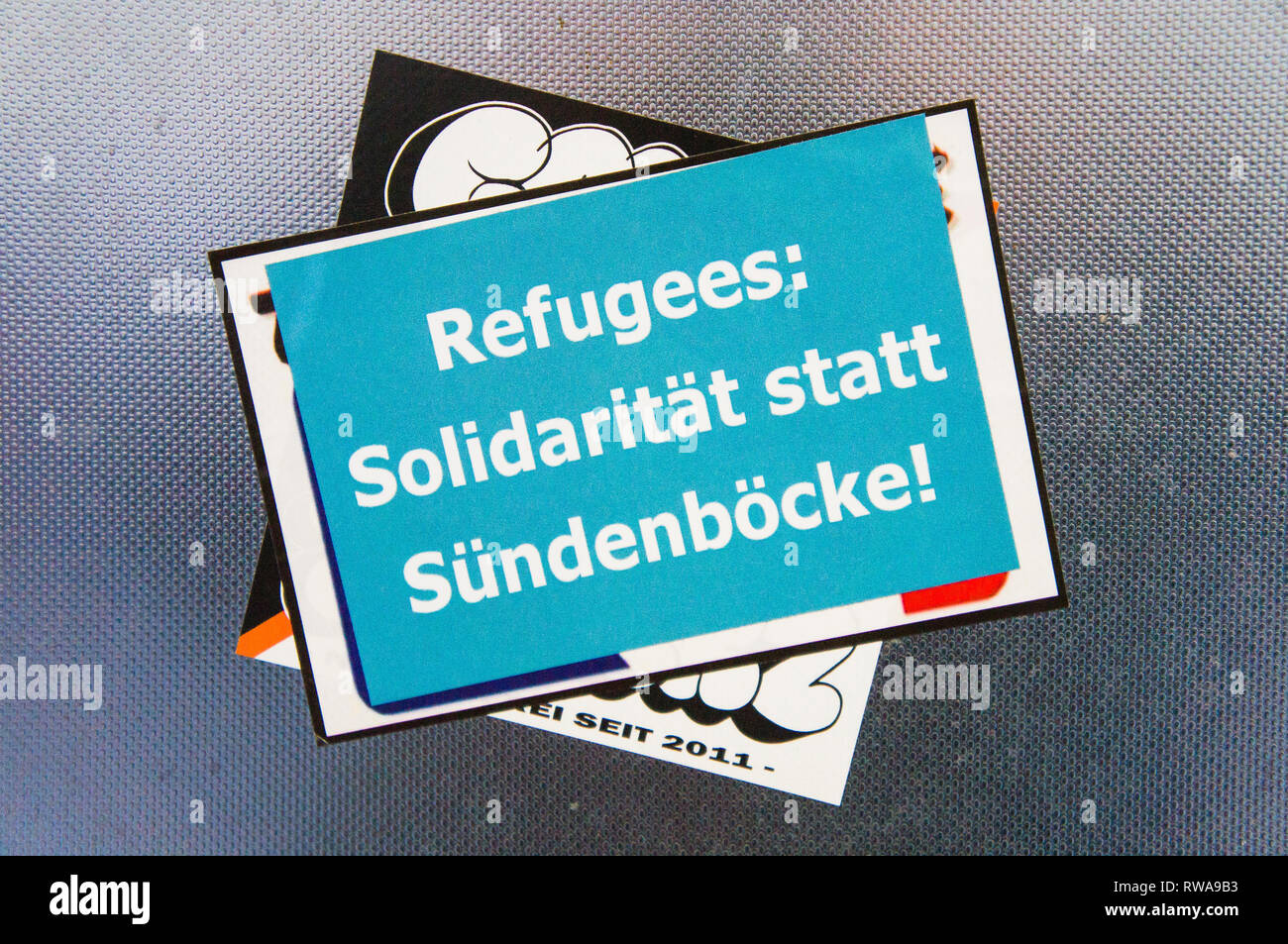 The Refugees: Solidaritat statt Sundenbocke!,  sticker in Vienna, Austria, on January 6, 2019.  (CTK Photo/Libor Sojka) Stock Photo