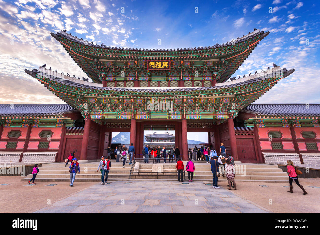 Gyeongbokgung palace with a lot of people and, Seoul, South Korea Stock