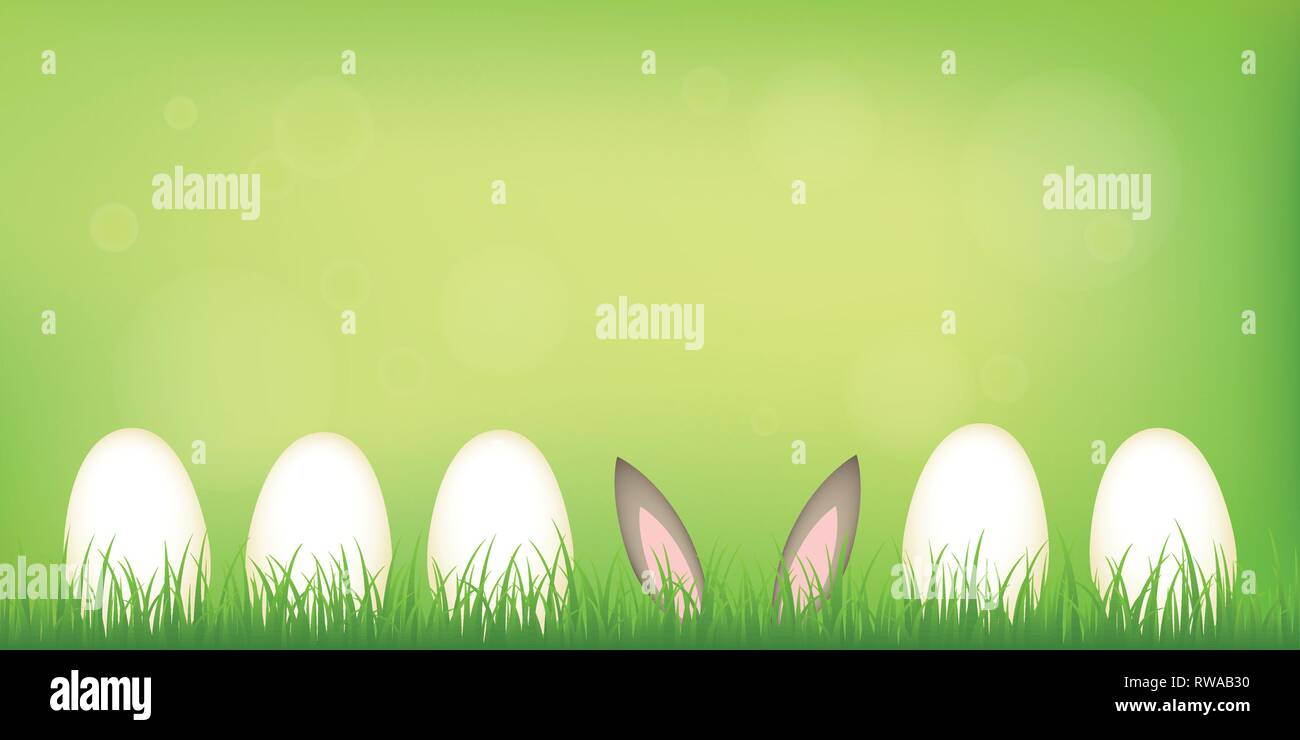 hare ears hide in the lawn between easter eggs on green spring background vector illustration EPS10 Stock Vector