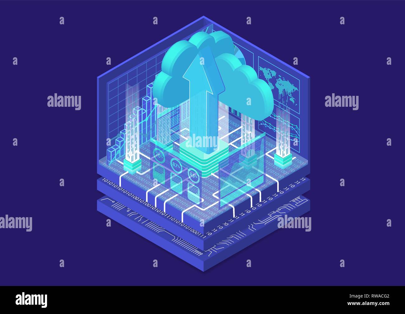 Cloud transformation concept with symbol of floating cloud and upload arrow as isometric 3d vector illustration Stock Vector