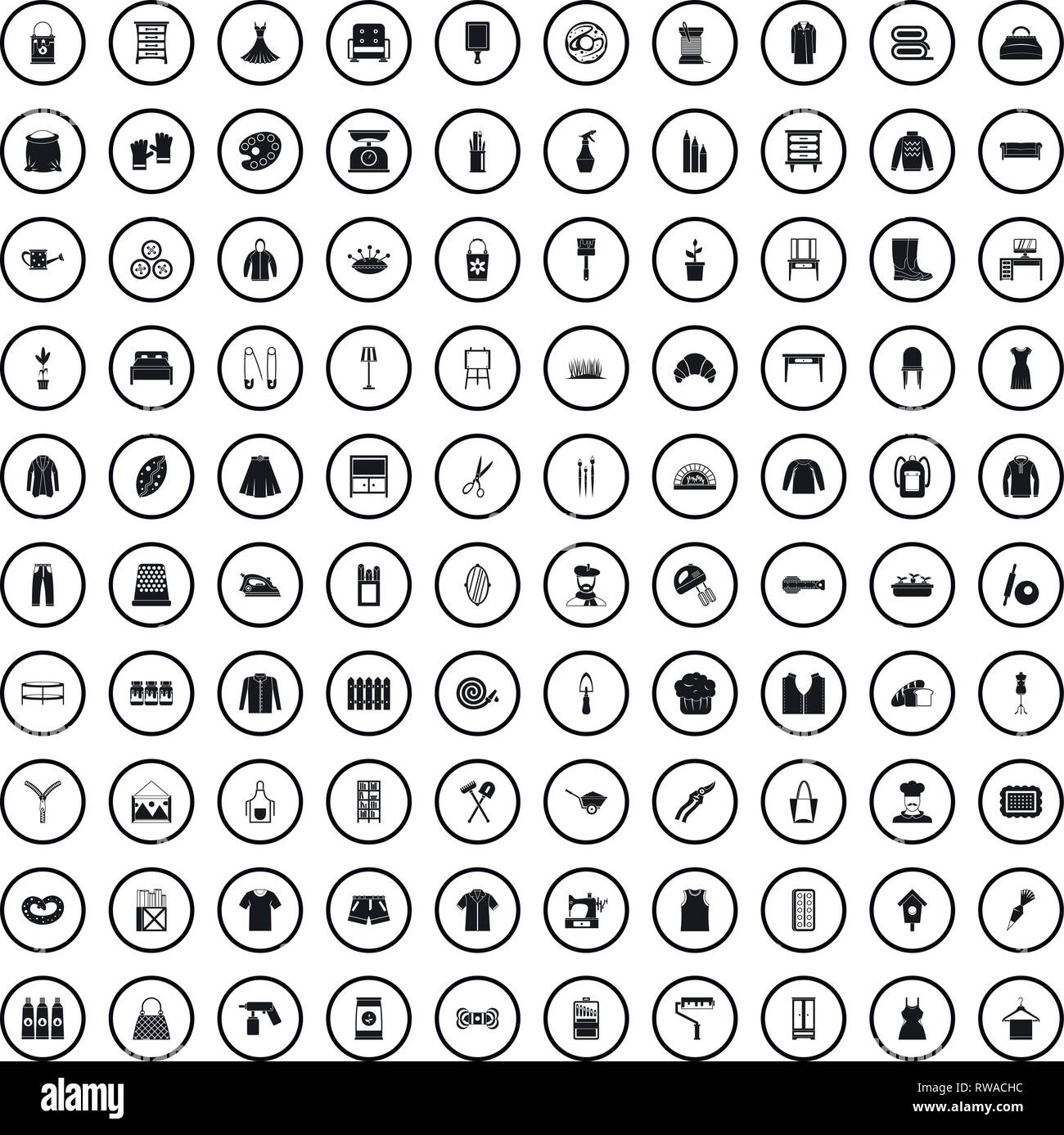 100 needlework icons set, simple style  Stock Vector