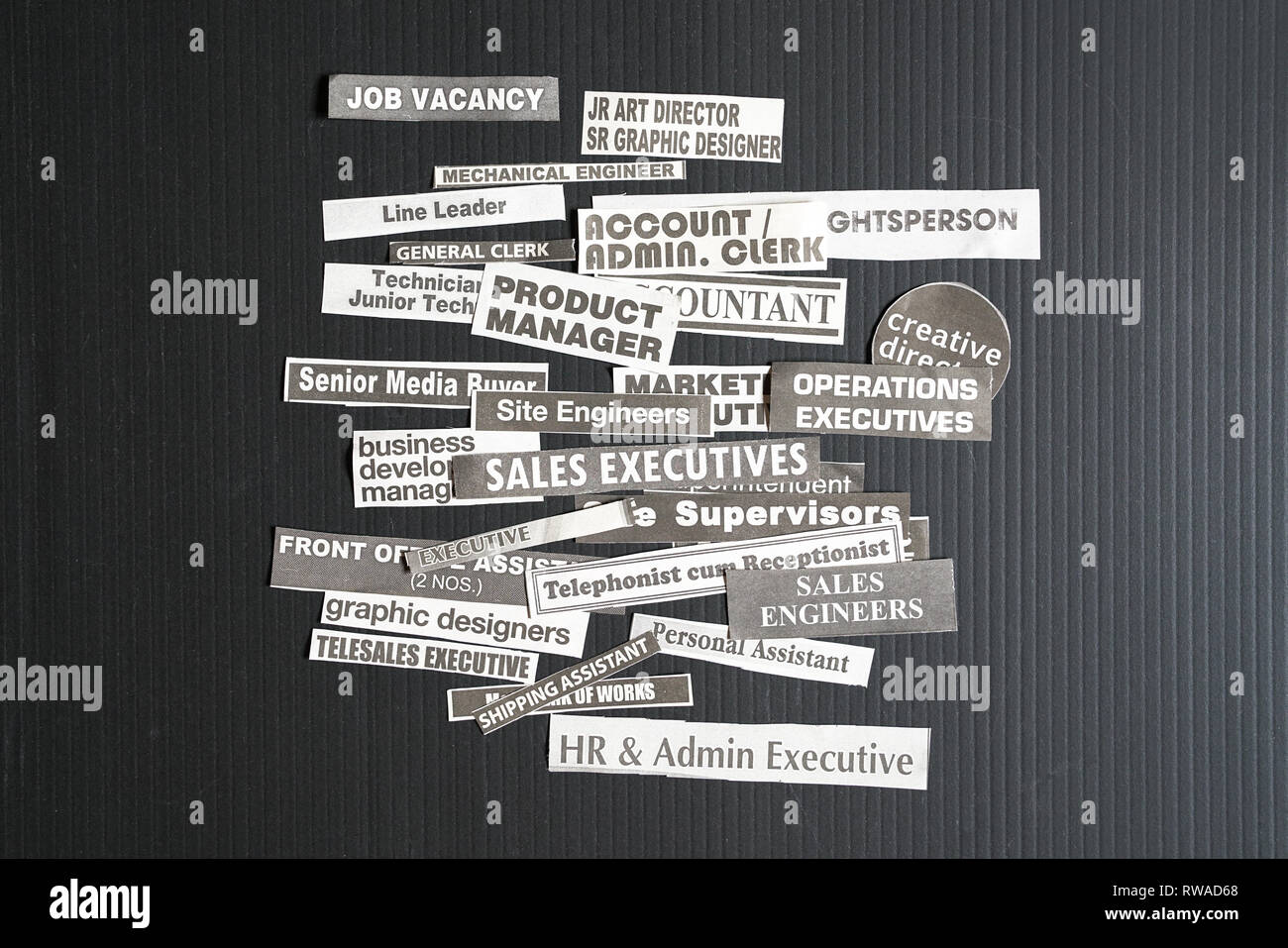 Jobs or careers concept multiple job titles or occupations cut off