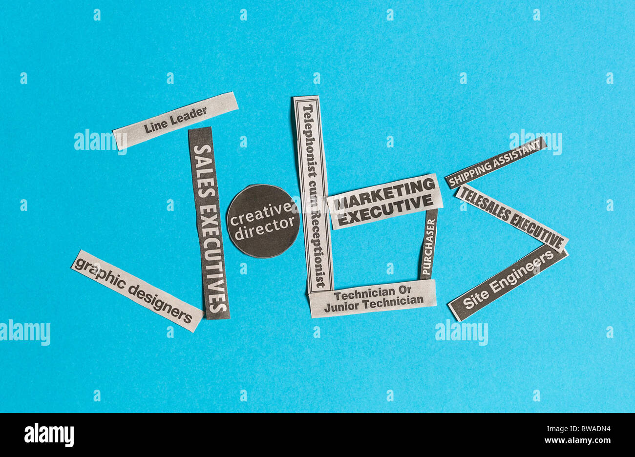 Jobs or careers concept multiple job titles or occupations cut off